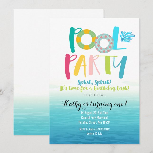 Pool Party Birthday Invitation (Front/Back)