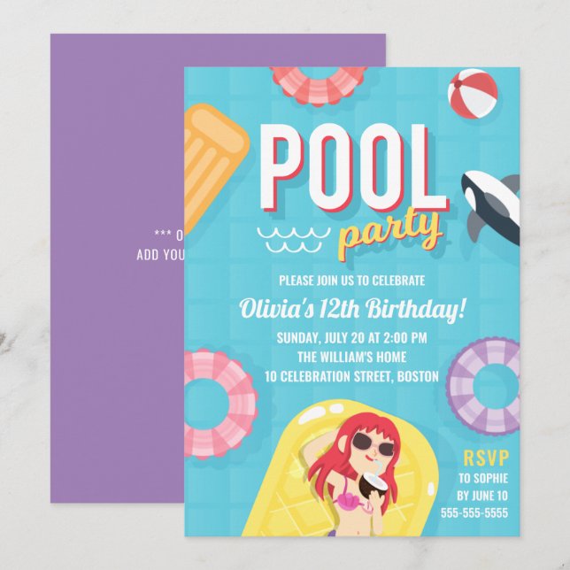 Pool Party Birthday Invitation | Blue Purple (Front/Back)