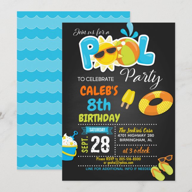 Pool Party Birthday Invitation - Boy (Front/Back)