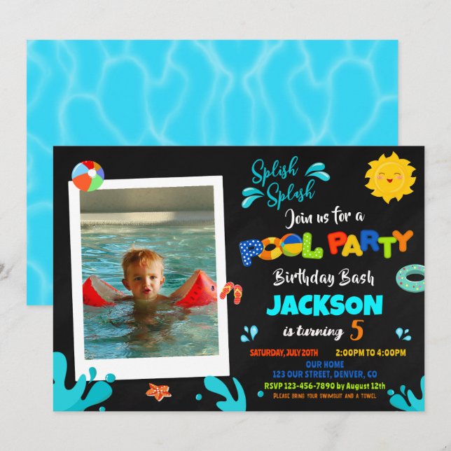 Pool party birthday invitation Boy photo summer (Front/Back)