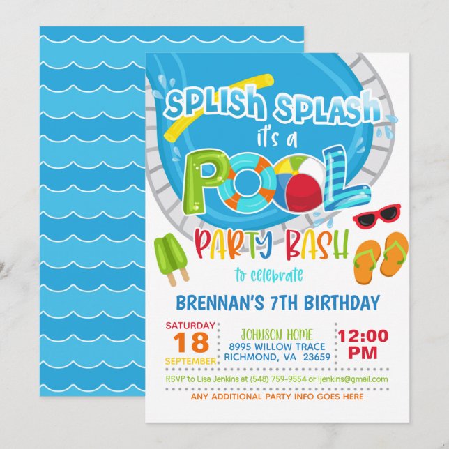 Pool Party Birthday Invitation - Boy WH (Front/Back)
