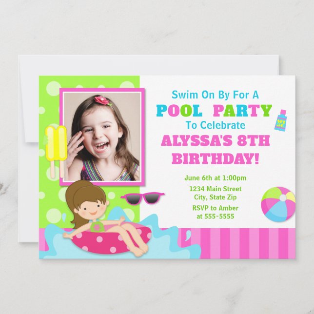 Pool Party Birthday Invitation Brunette Girl (Front)