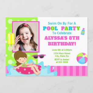 Pool Party Birthday Invitation Brunette Girl