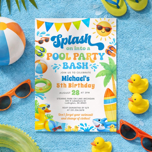 Pool Party Birthday Invitation for Boys (Pool Party Birthday Invitation - Boy Summer Birthday Duck and Shark Theme)