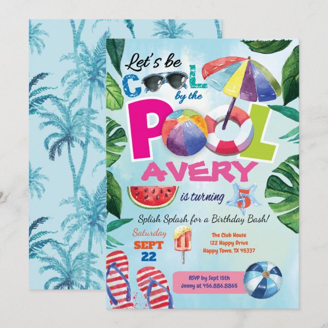 Pool party birthday invitation for Kid chlildren (Front/Back)