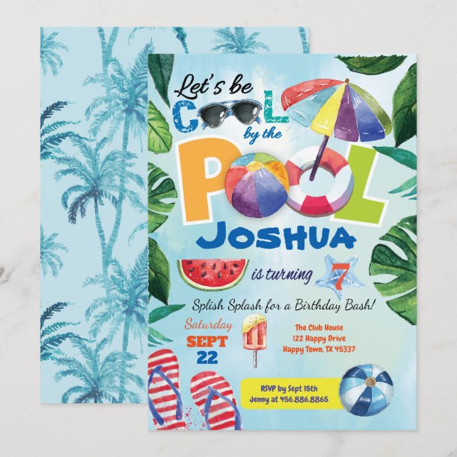 Pool party birthday invitation for Kid chlildren (Front/Back)
