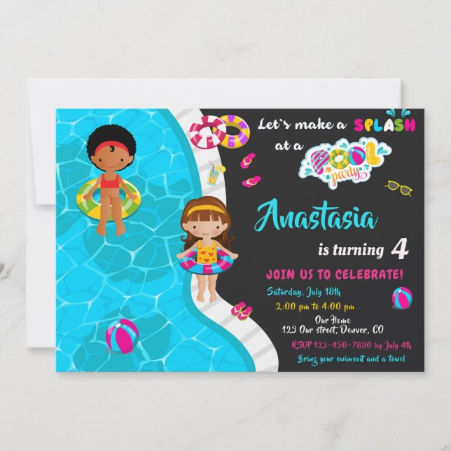 Pool party birthday invitation Girl pool invite (Front)