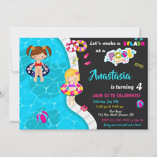 Pool party birthday invitation Girl pool invite (Front)