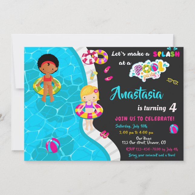 Pool party birthday invitation Girl pool invite (Front)