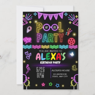 Pool Party Birthday Invitation, Neon Party  Invitation