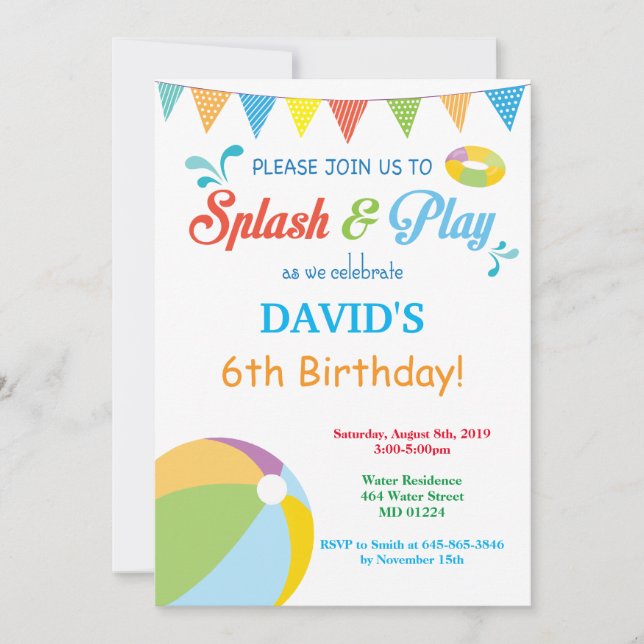 Pool Party Birthday Invitation Splish Splash Boy (Front)