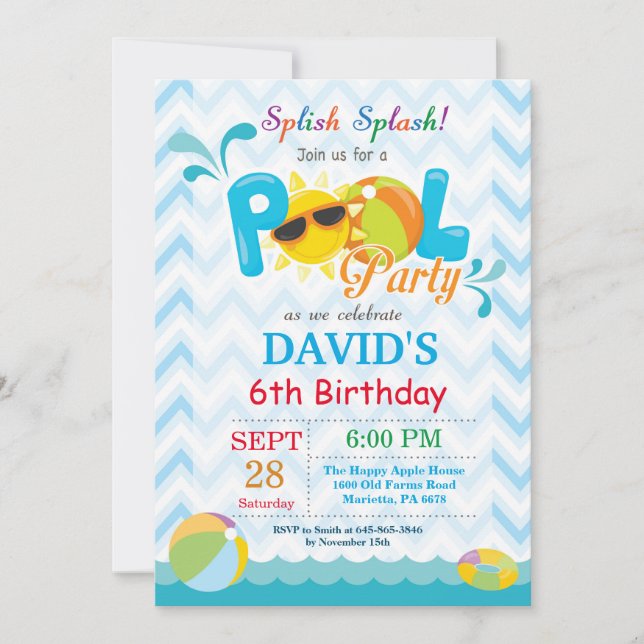 Pool Party Birthday Invitation Splish Splash Boy (Front)