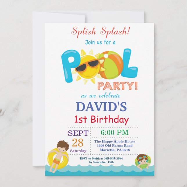 Pool Party Birthday Invitation Splish Splash Boy (Front)
