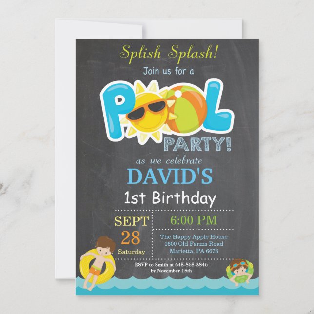 Pool Party Birthday Invitation Splish Splash Boy (Front)