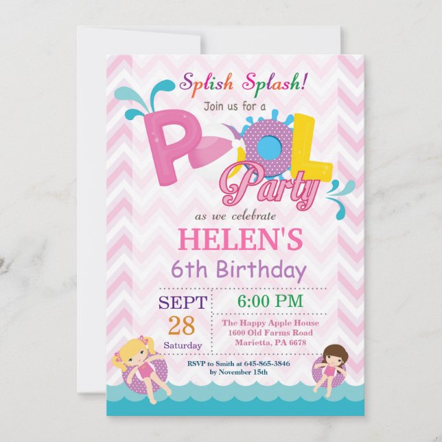 Pool Party Birthday Invitation Splish Splash Girl (Front)
