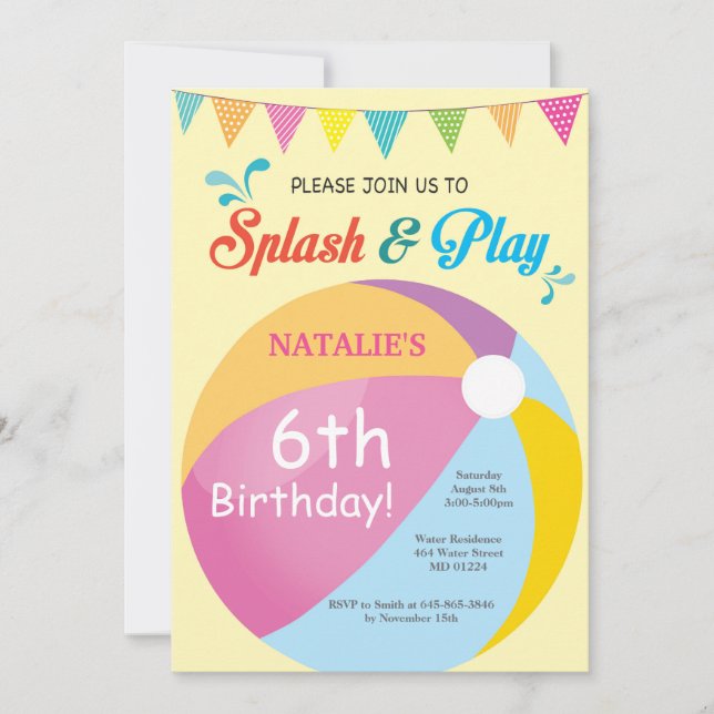Pool Party Birthday Invitation Splish Splash Girl (Front)