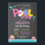 Pool Party Birthday Invitation Splish Splash Girl<br><div class="desc">Pool Party Birthday Invitation. Summer Splish Splash. Girl Birthday Party Invite. Beach Ball. Swimming. Swimsuit. Birthday Bash. Pink Purple Lavender Violet Yellow Orange Blue. Chalkboard Background. 1st First Birthday. 1st 2nd 3rd 4th 5th 6th 7th 8th 9th 10th 11th 12th 13th 14th 15th, Any Age. Printable Digital. For further customisation,...</div>