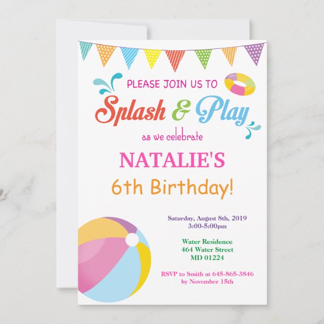 Pool Party Birthday Invitation Splish Splash Girl (Front)
