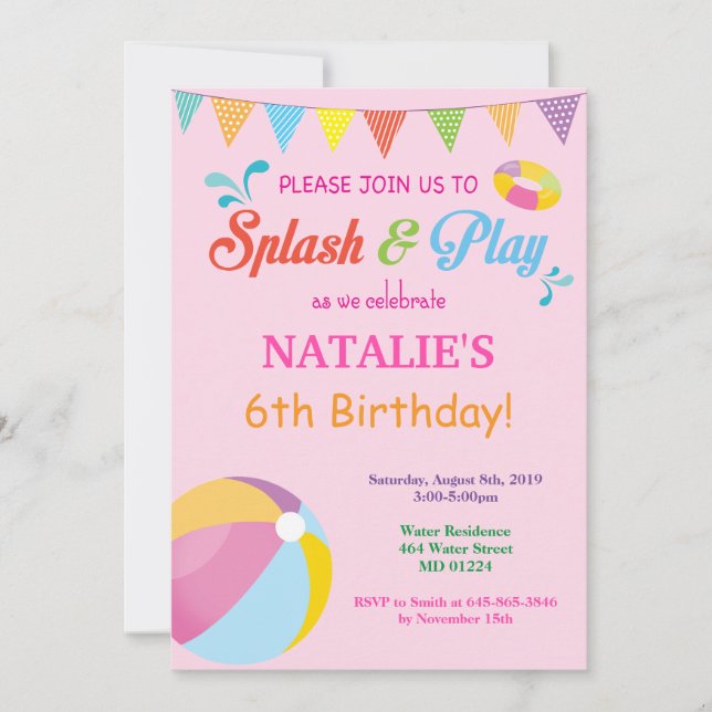 Pool Party Birthday Invitation Splish Splash Girl (Front)
