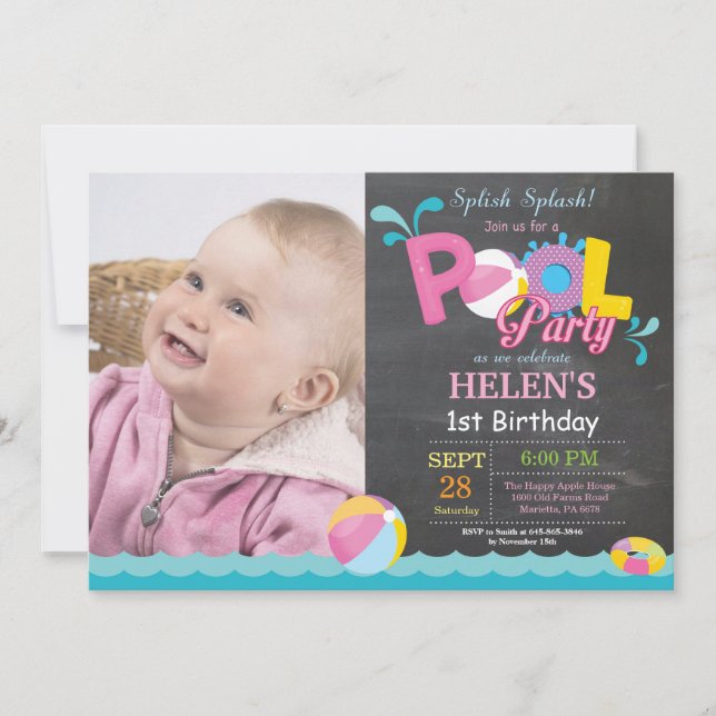 Pool Party Birthday Invitation Splish Splash Girl (Front)