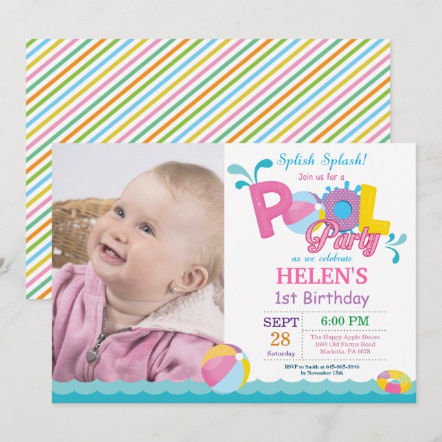 Pool Party Birthday Invitation Splish Splash Girl (Front/Back)