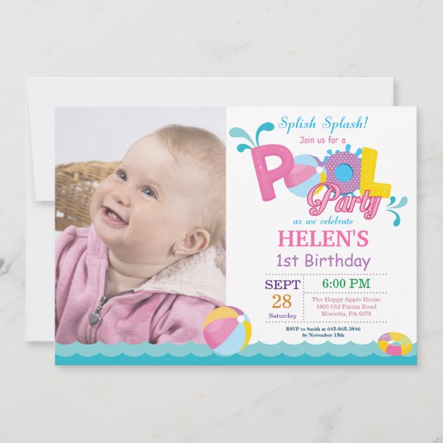 Pool Party Birthday Invitation Splish Splash Girl (Front)