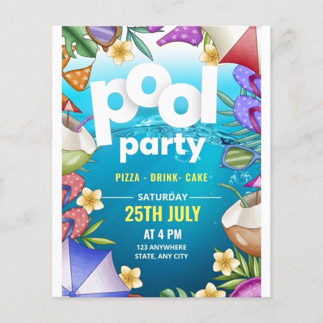 Pool Party Birthday Invitation, Summer party  Flyer (Front)