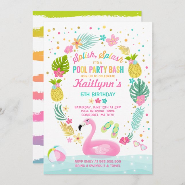 Pool Party Birthday Invitation Tropical Flamingo (Front/Back)