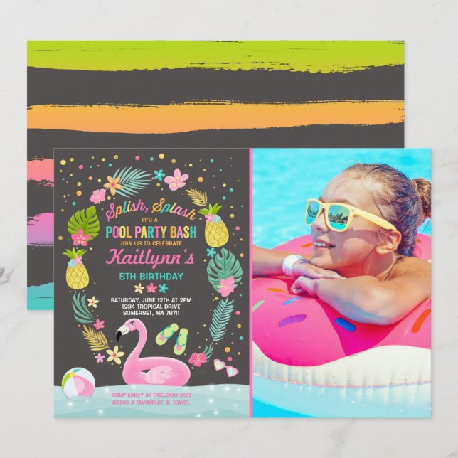 Pool Party Birthday Invitation Tropical Flamingo (Front/Back)