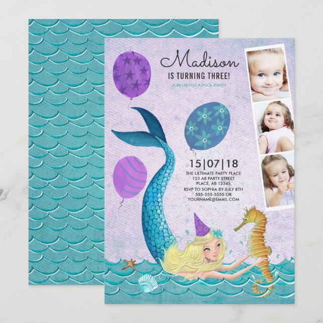 Pool Party Birthday | Mermaid | Invitations (Front/Back)