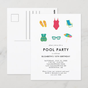 Pool Party Birthday Minimal Simple Colourful Cute Postcard