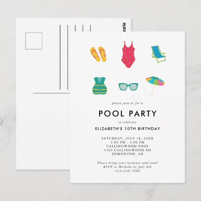 Pool Party Birthday Minimal Simple Colourful Cute Postcard (Front/Back)
