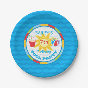 Pool Party Birthday Paper Plates in Primary Colour