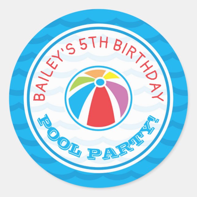 Pool Party Birthday Party Beach Ball Classic Round Sticker (Front)