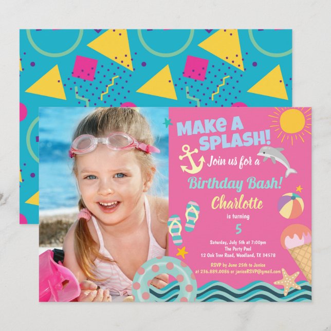 Pool party birthday photo invitation for girl (Front/Back)