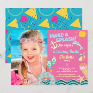Pool party birthday photo invitation for girl