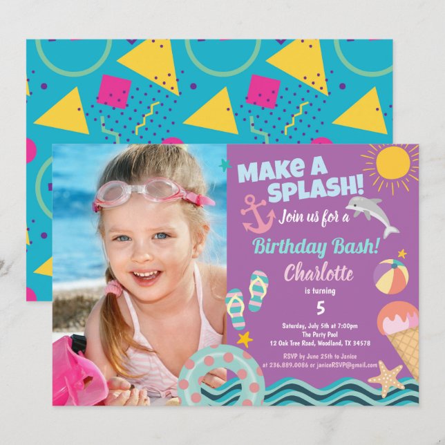 Pool party birthday photo  invitation for girl (Front/Back)