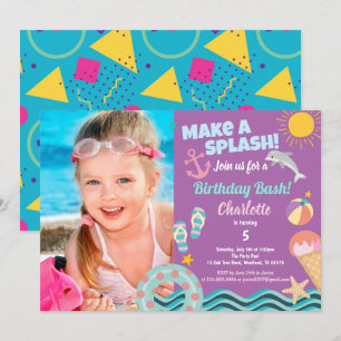Pool party birthday photo  invitation for girl
