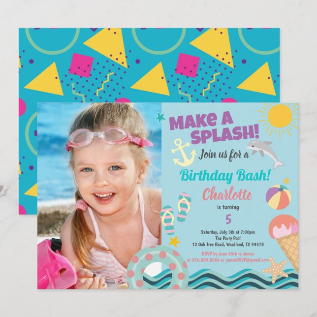 Pool party birthday photo  invitation for girl (Front/Back)