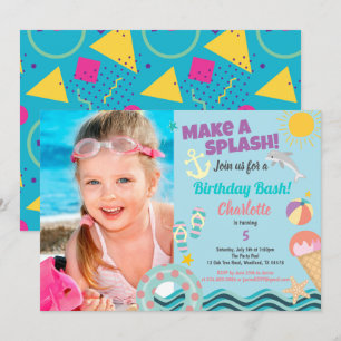 Pool party birthday photo  invitation for girl
