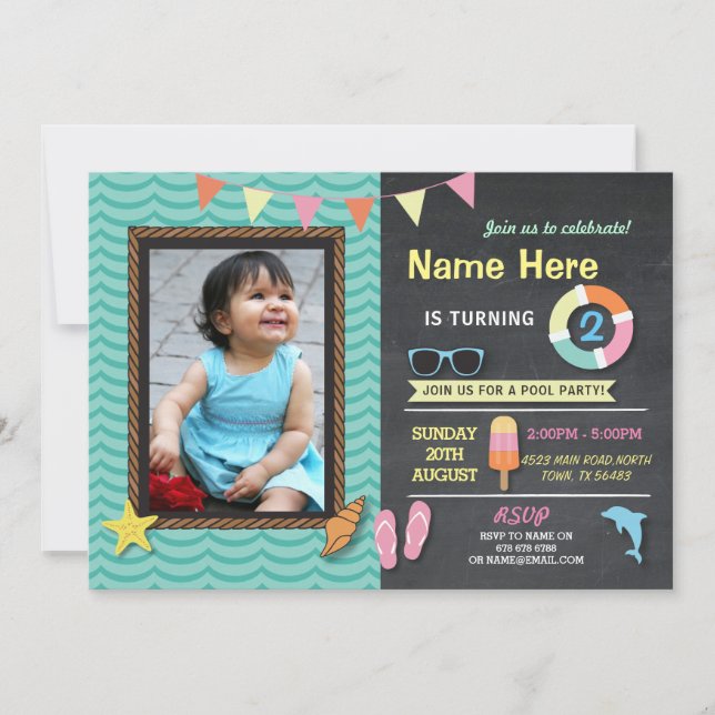 Pool Party Birthday Photo Summer Mint Invite (Front)