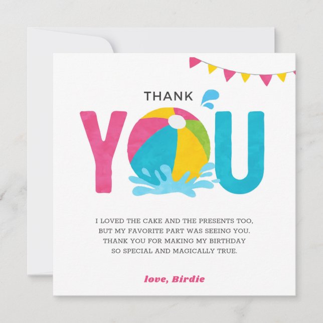 Pool Party Birthday Pink Girl Thank you card (Front)
