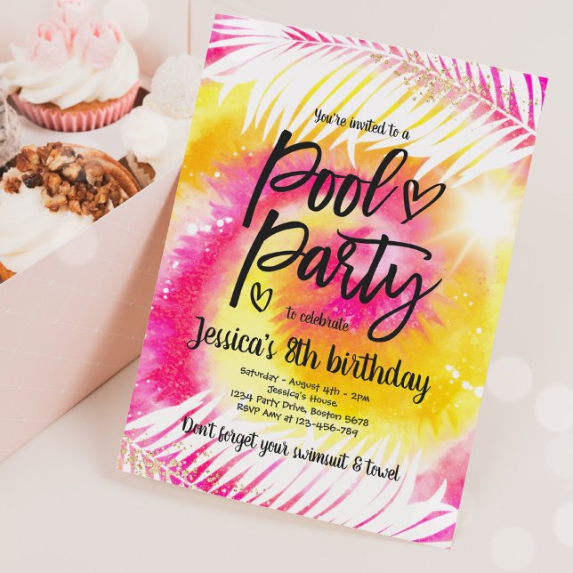 Pool Party Birthday Pink Tie Dye Girly Pool Party Invitation (Creator Uploaded)