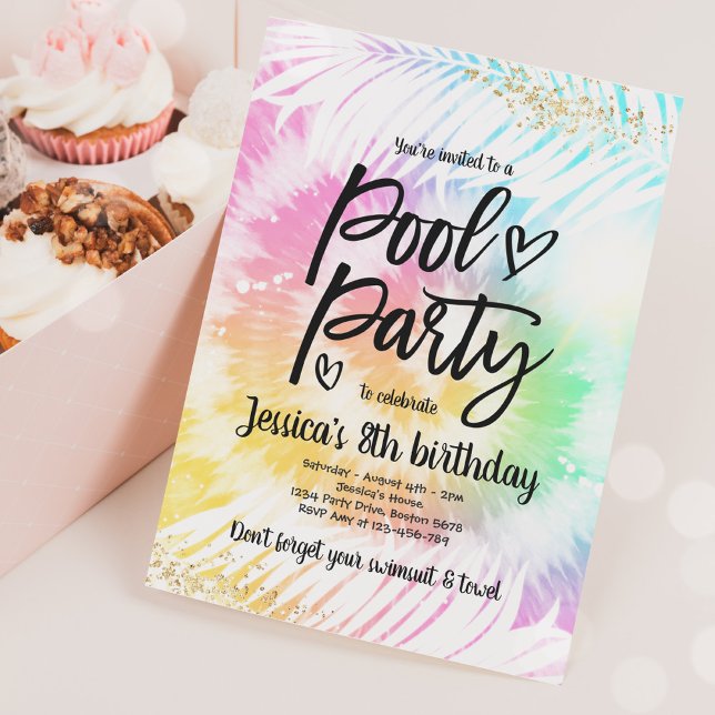 Pool Party Birthday Pink Tie Dye Girly Pool Party Invitation (Creator Uploaded)