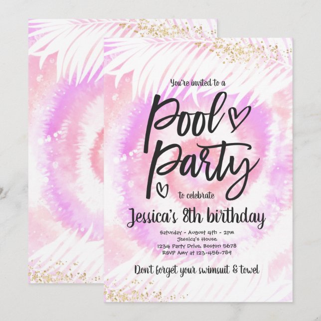 Pool Party Birthday Pink Tie Dye Pool Party Invitation (Front/Back)