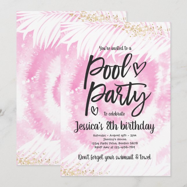 Pool Party Birthday Pink Tie Dye Pool Party Invitation (Front/Back)