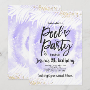 Pool Party Birthday Purple Tie Dye Pool Party Invitation