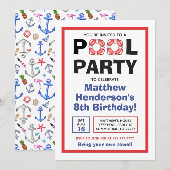 Pool Party Birthday Summer Invitation (Front/Back)