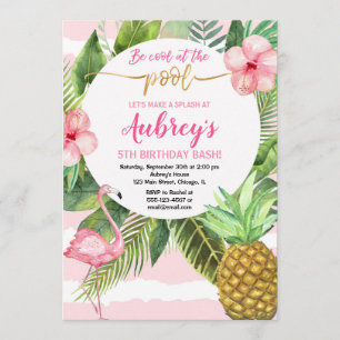 Pool party birthday, tropical pink and gold girl invitation