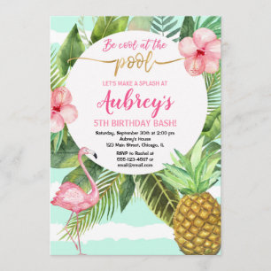 Pool party birthday, tropical pink teal gold invitation